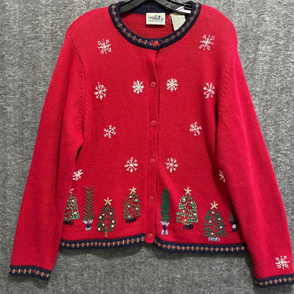 VTG Northern Reflections Cardigan Sweater XL Snowflake Christmas Tree Embroidery